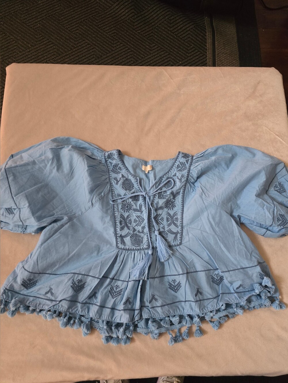 Chelsea & Violet Light Cotton Blue Embroidered Peasant Blouse - Women's Top Sz.S